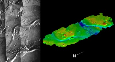 Viking image of Kasei Vallis (left), the largest outflow channel on Mars, and a digital terrain model (right) derived from Viking stereo images.