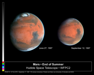 Hubble Space telescope images showing changes in the Martian atmosphere.