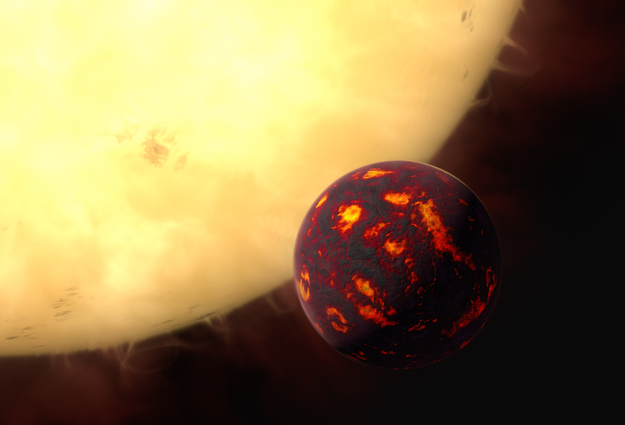 This artist's impression shows the super-Earth 55 Cancri e in front of its parent star. Using observations made with the NASA/ESA Hubble Space Telescope and new analytic software scientists were able to analyse the composition of its atmosphere. It was the first time this was possible for a super-Earth.