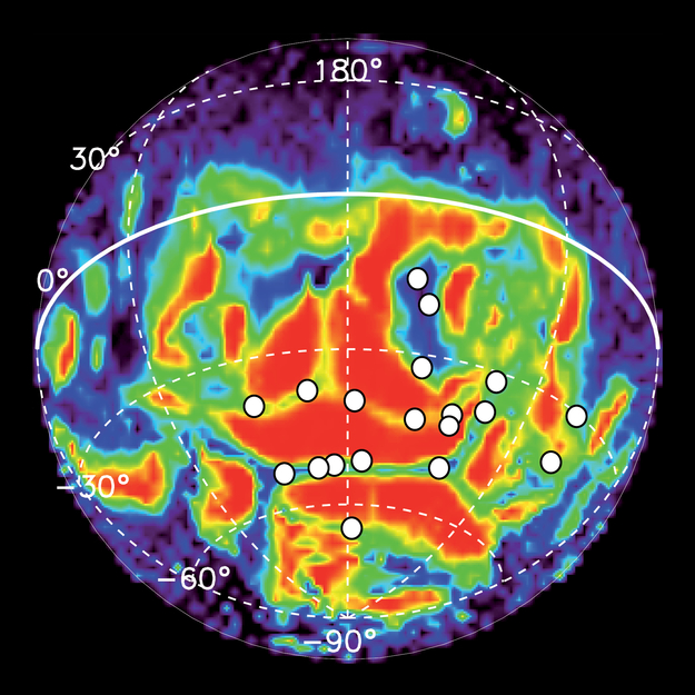 Locations of 19 auroral detections (white circles) made by the SPICAM instrument on Mars Express during 113 nightside orbits between 2004 and 2014, over locations already known to be associated with residual crustal magnetism. The data is superimposed on the magnetic field line structure (from NASA's Mars Global Surveyor) where red indicates closed magnetic field lines, grading through yellow, green and blue to open field lines in purple.