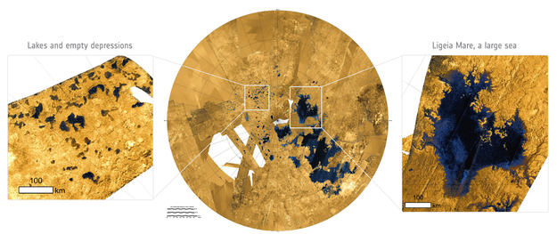 A radar image of Titan's north polar regions (centre), with close ups of numerous lakes (left) and a large sea (right). The sea, Ligeia Mare, measures roughly 420 × 350 km and is the second largest known body of liquid hydrocarbons on Titan. Its shorelines extend for some 2000 km and many rivers can be seen draining into the sea. By contrast, the numerous lakes are typically less than 100 km across and have more rounded shapes with steep sides.
