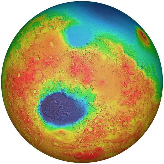 This false-colour map, produced by the Mars Orbiter Laser Altimeter (MOLA), depicts the topography of the Martian surface. Hellas Basin, the large, dark blue region below the centre, has a diameter of 2300 km, and is one of the largest identified impact craters both on Mars and within the Solar System. It is thought to have formed some 4 billion years ago.