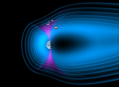 Artist's impression of the Cluster spacecraft crossing the northern cusp of Earth's magnetosphere